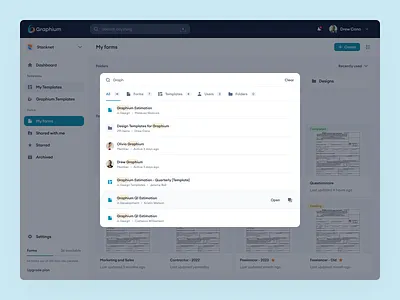Graphium - Search Modal app dashboard design desktop dialogue drawer flow healthcare interface list of results modal product design results search tabs ui user interface ux