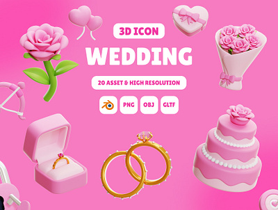 3D Wedding Icons Set 3d anniversary blender couple graphic design love marriage wedding