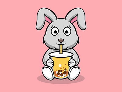 Cute rabbit drinking boba cartoon illustration ice