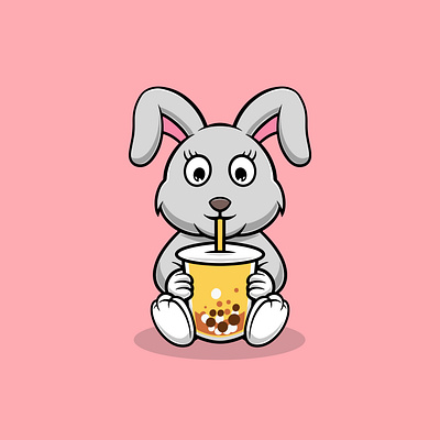 Cute rabbit drinking boba cartoon illustration ice