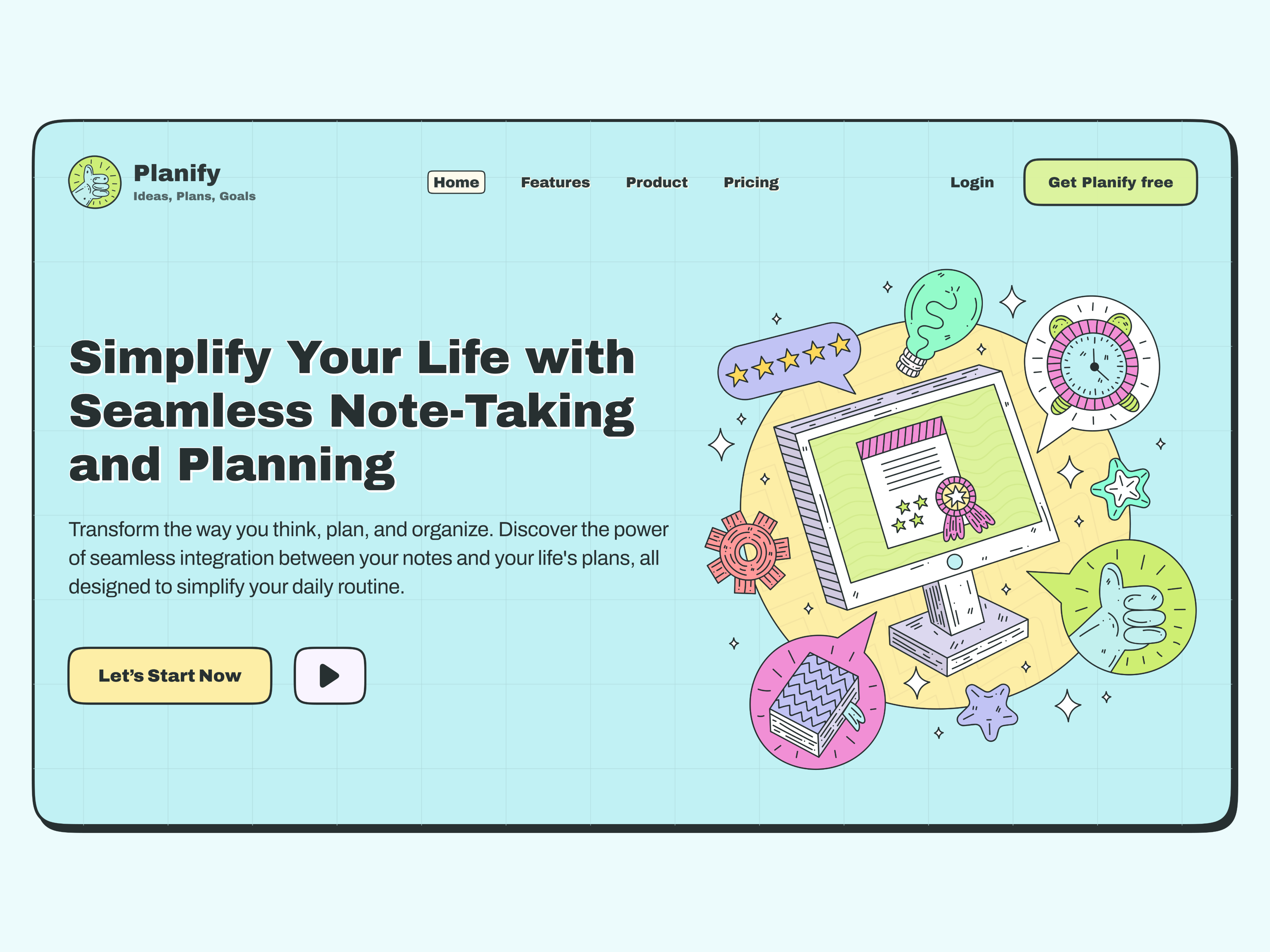 Planify: Ideas, Plans, Goals branding clean colors design flat graphic design illustration logo neobrutalism ui ux web