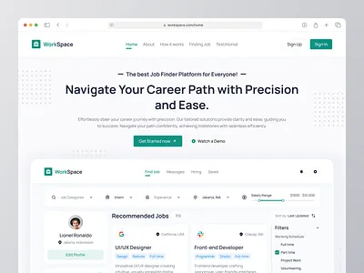 WorkSpace - Job Finder Platform Webiste clean corporate design employment find finding job flat hire hiring job job finder job listing job platform job search job seeker landing page ui ux web website