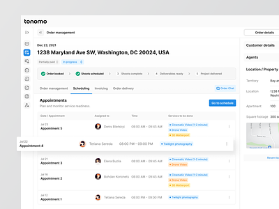 Tonomo: Order Scheduling admin panel booking crm design graphic design interface order panel photography real estate scheduling services ui ux web design