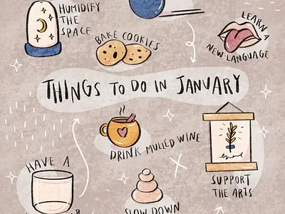 Things To Do In January calendar cute design digital illustration doodle drawing hygge illustration inspiration inspirational january month monthly