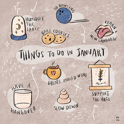 Things To Do In January calendar cute design digital illustration doodle drawing hygge illustration inspiration inspirational january month monthly