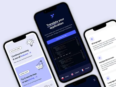 DevTranslate Landing Page darkmode dev lightmode mobile product page purple redesign translator ui design