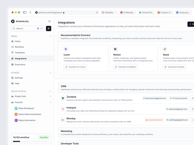 Artemis - Workflow Maker Dashboard [Integration Page] automation card clean design crm dashboard design saas ui ui design uiux workflow workflow maker