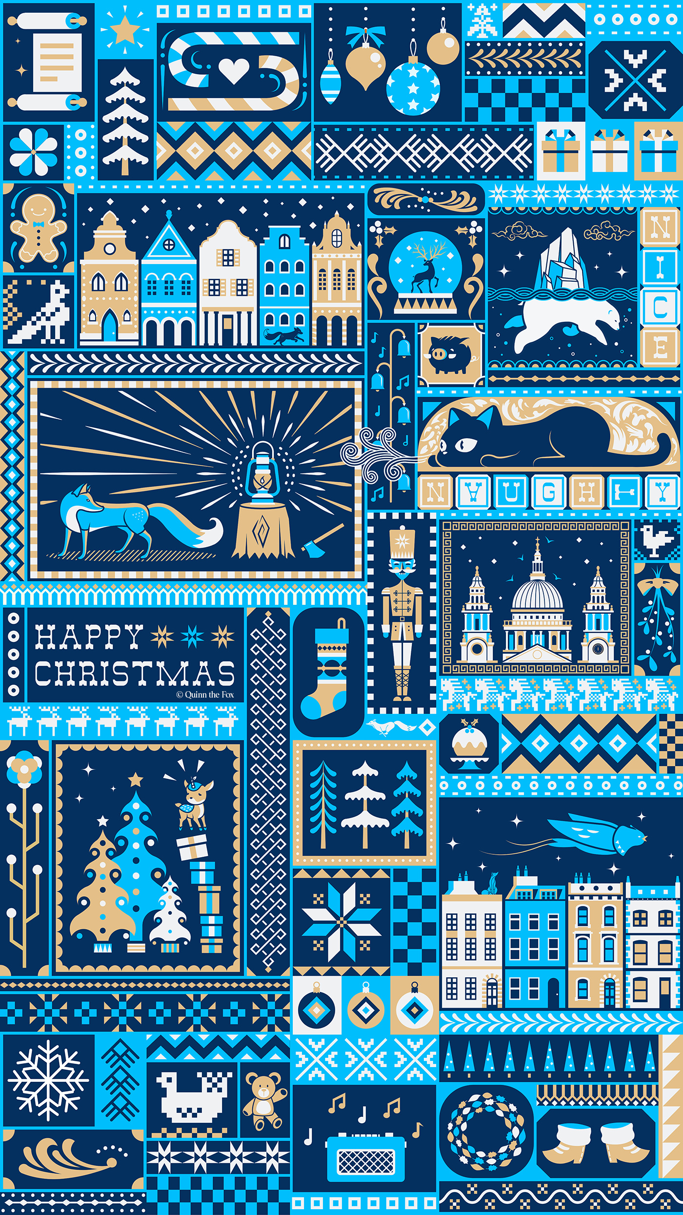 Quinn the Fox Christmas Card Illustration 2023 animals black cat british landscapes christmas christmas icons christmas illustration cityscape cute festive flat design folk fox illustration knitting london mid century navy ornaments pattern woodcut