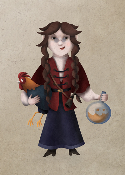 Character design alchemic character design geometrical girl hen illustration ilustration for kids little girl procreate rooster