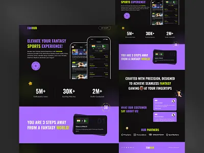 FANHUB - Fantasy Sports App Landing Page cricket dark design fantasy home page landing landing page match sports sports website typography ui uiux ux web web design website