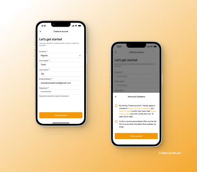 Account creation and T&C Overlay pages branding concept create account orange product design tc ui