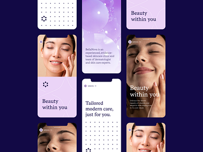 Bellanova Social Media Branding branding clinic creative derma care dermatology design designer graphic design healthcare branding identity illustration logo purple skincare social media story ui vector