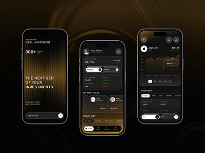 Investment Tracking Platform Mobile App UI/UX | Masterly app ui bank app black chart dark theme digital wallet financial tracking glass gold mobile banking payment app product design report page saving app transfer money transfer page ui uiux ux wallet app