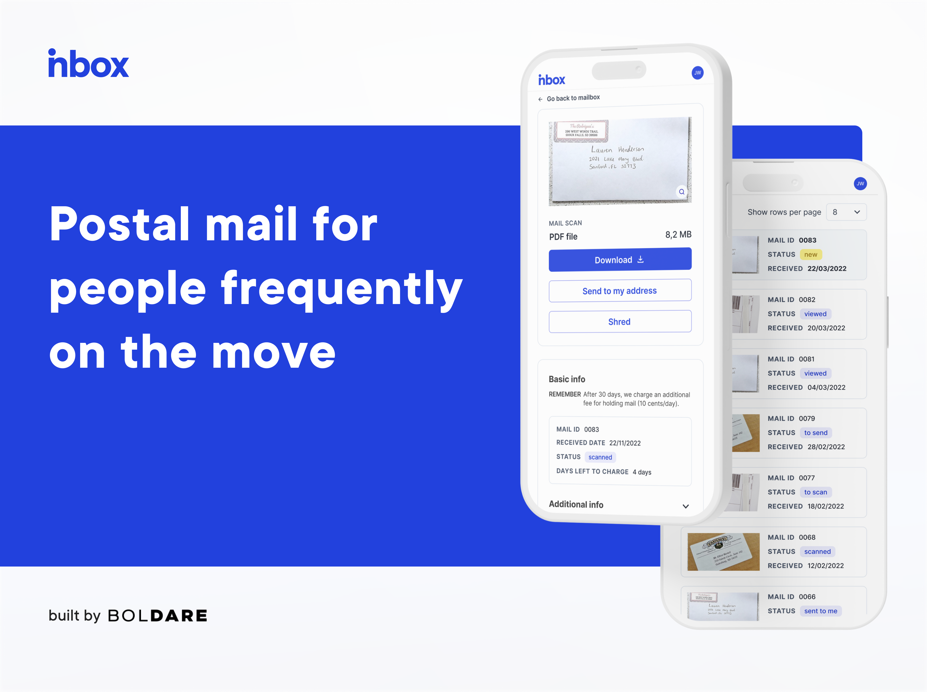 nbox - postal mail & email in one easy place animation app design blue dashboard graphic design mailbox mobile app nomad post uiux