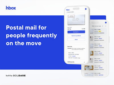 nbox - postal mail & email in one easy place animation app design blue dashboard graphic design mailbox mobile app nomad post uiux