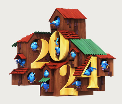Happy 2024! 3d 3d art 3d illustration 3d lettering 3d typography birdhouse birds c4d cinema 4d diligence illustration lettering stuart wade