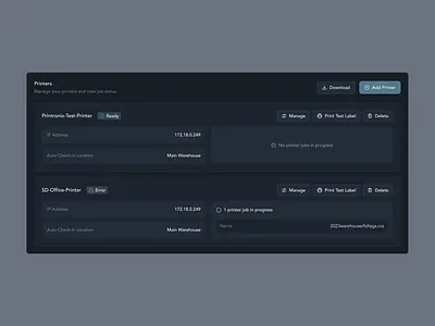 FactorySenseRFID - Printer Status Component buttons chatgpt component dark mode dashboard light mode printer status product design rfid saas ui ux
