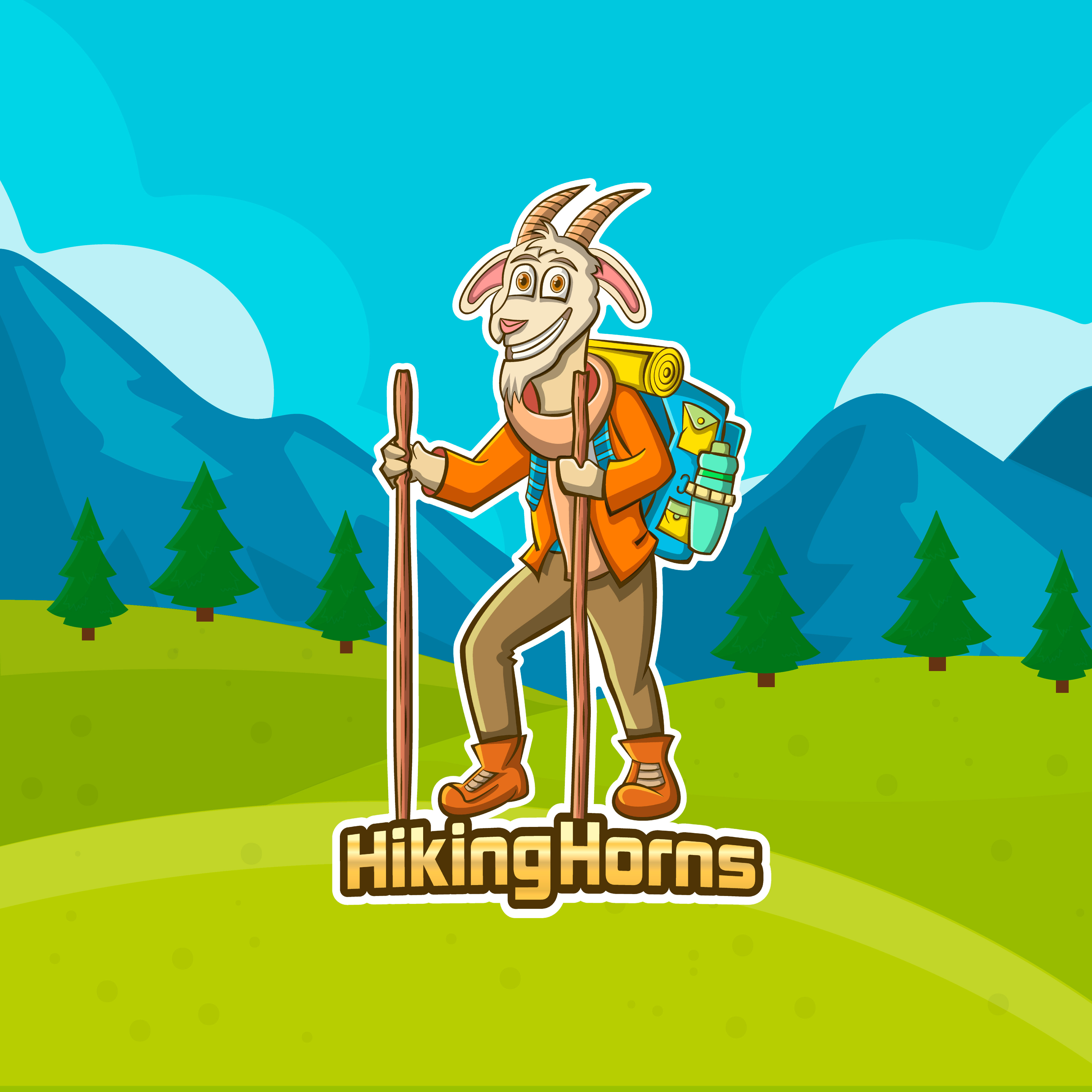 HikingHorns - Hiking Goat Cartoon Mascot Logo branding business logo design cartoon cartoon mascot logo children book illustrations esports cartoon mascot logo gaming logo goat mascot logo graphic design hiking hiking instruments logo logodesign mascot logo mountain sports logo
