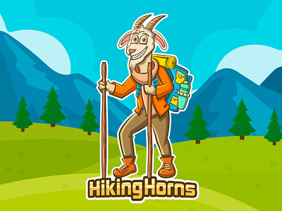 HikingHorns - Hiking Goat Cartoon Mascot Logo branding business logo design cartoon cartoon mascot logo children book illustrations esports cartoon mascot logo gaming logo goat mascot logo graphic design hiking hiking instruments logo logodesign mascot logo mountain sports logo