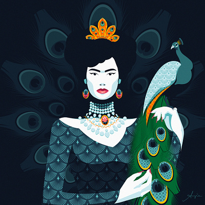 "Woman with Peacock" - NFT art. adobe illustrator beauty blue contrast daily art flat design green illustration jewellery nft orange patterns peacock portrait stylized texture vector vector illustration yellow