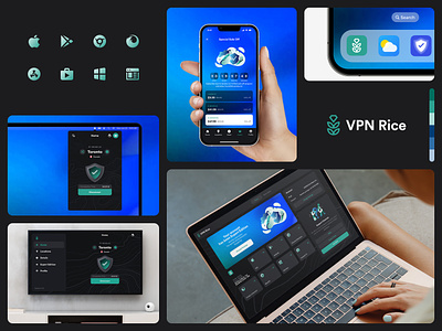 VPN Rice | Multi-Platform Protection admin android app branding chrome design system extension firefox ios logo mac os menu navigation premium subscription tv user panel vpn web app window