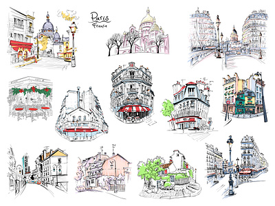 Set of Parisian landmarks, France architecture design france graphic design illustration paris sket sketch town urban sketch vector