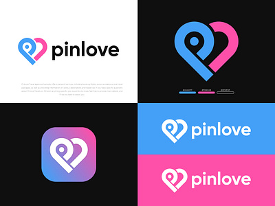 Pinlove P Letter + Pin + Love logo design 2 color logo 3d logo 99designs abstract logo blue pink color logo colorful gradient heart location logo designs love logo modern logo p lettermark p logo p wordmark pin logo pin point logo plane logo travel logo unique logo