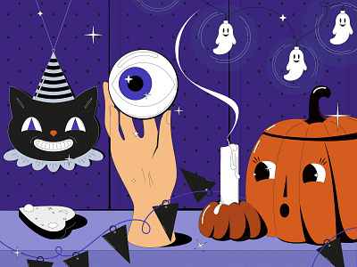 2024 Calendar | October cat dark design halloween illustration magic pumpkin spooky season still life vector vintage