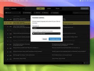 Captitles - All-in-one app for subtitles in theater ai app artificial button dark design drama mac modal product show signup subtitles supertitles surtitles table theater theatre translate ux