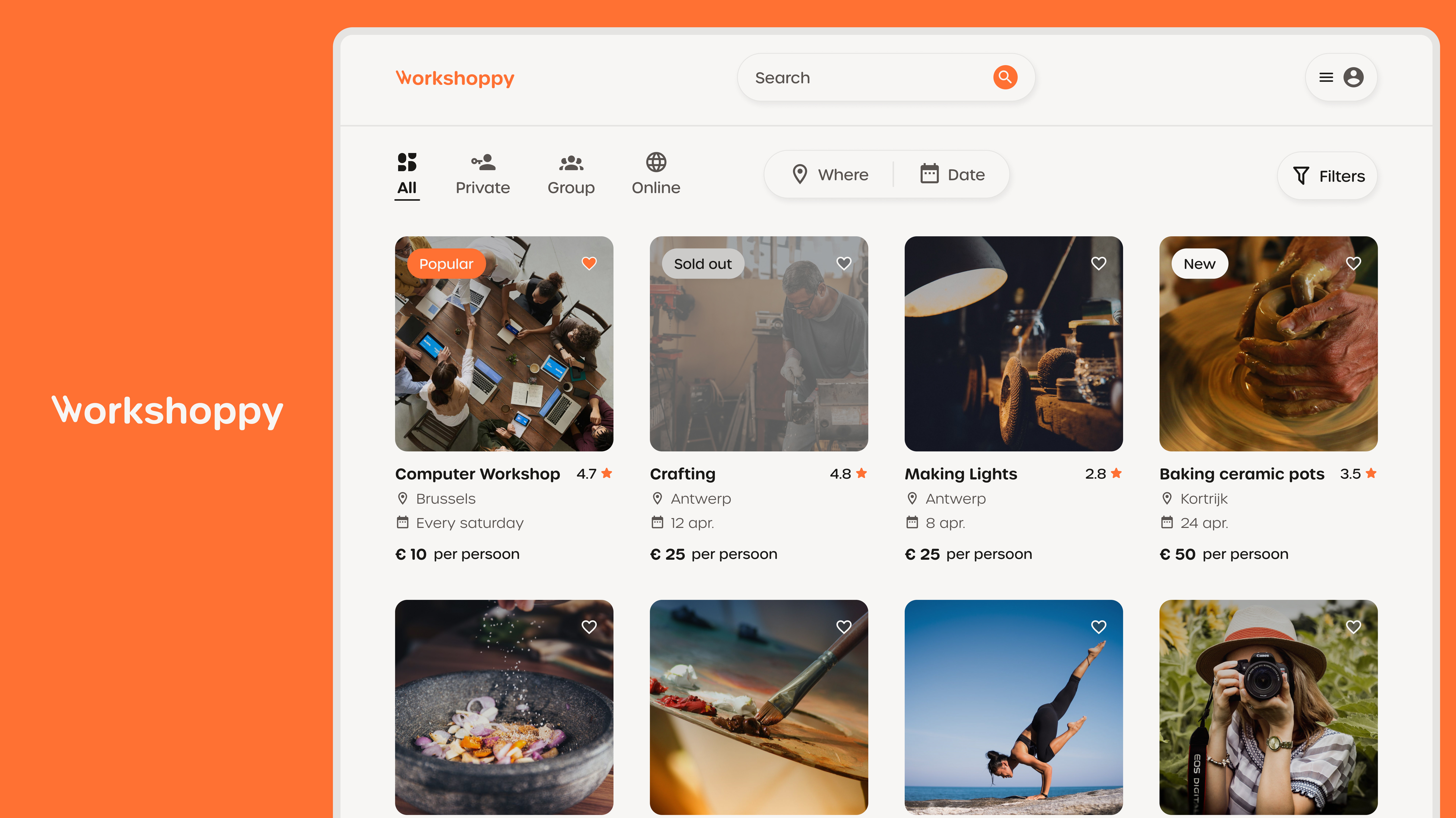 Workshoppy - Workshop Marketplace Webapp Concept airbnb marketplace ui uxui webapp workshop