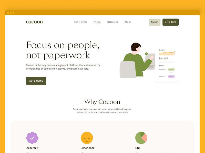 Cocoon brand and website refresh benefits branding design graphic design illustration leave leave management logo small business ui ux vector web design website website design