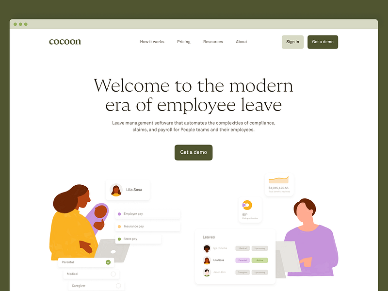 Cocoon brand and website refresh benefits branding design graphic design hr illustration leave leave management logo small business ui ux vector web web design website website design