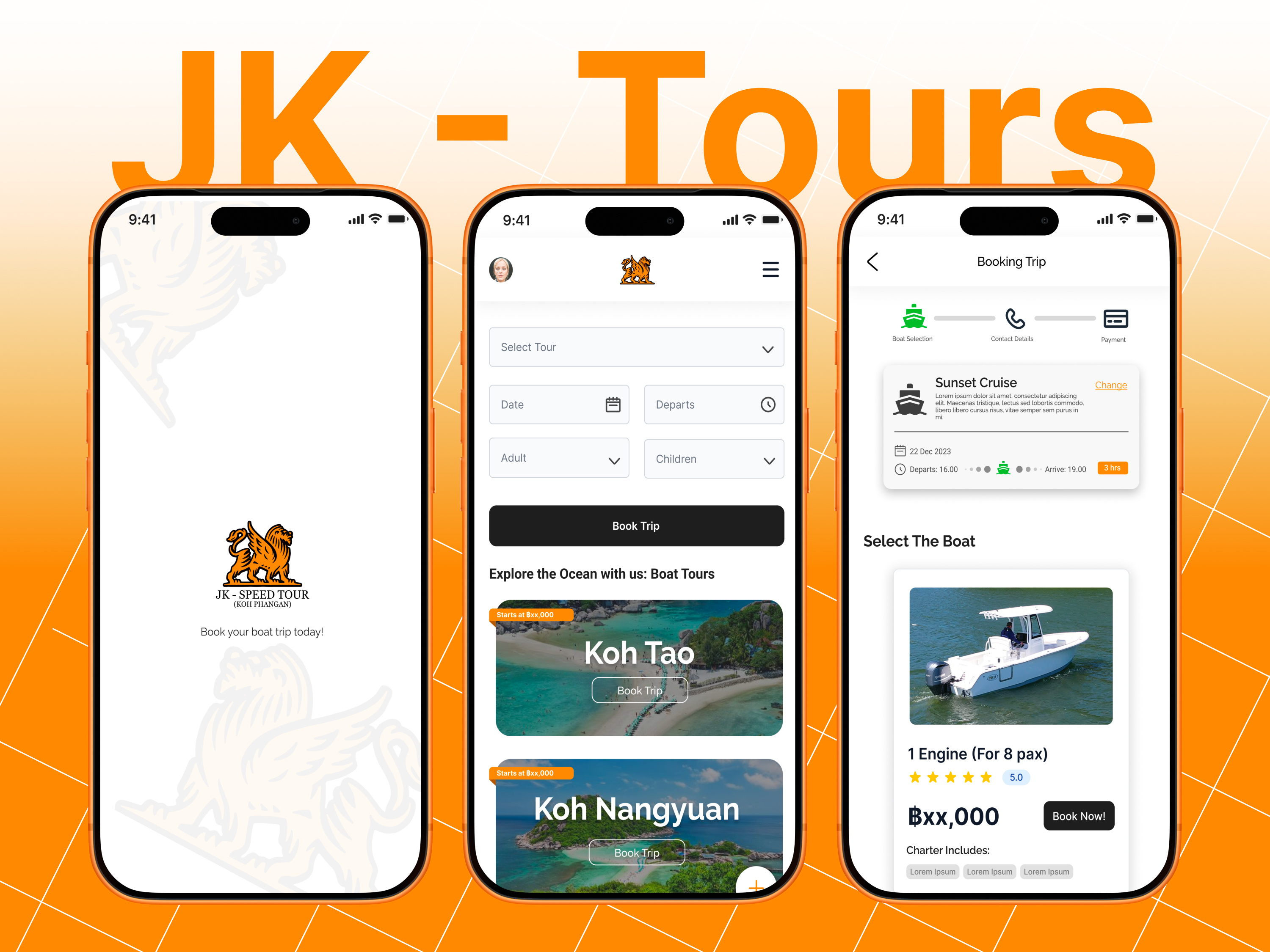 JK Speed Tours – Boat Travel Booking Mobile App UI/UX Design 2024 adobe xd graphic design mobile mobile app design new design trends new ui designs prototyping ui uiux user experience design user flows user interface design user journey mapping ux web app wireframe
