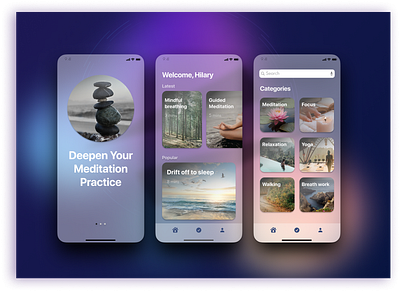 Mobile App Design - Meditation App glass morphism meditation mindfulness mobileapp ui visualdesign
