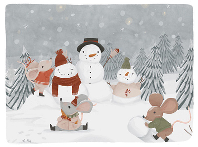 Winter wonderland - part 2 animals book illustrations cartoon character design characters christmas cozy cute design illustration mouse procreate snow snowman winter