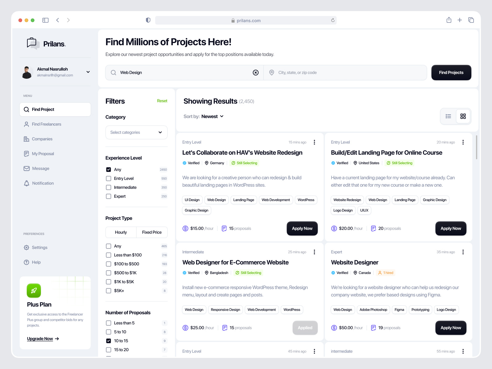 Prilans - Freelance Job Hunt Dashboard clean freelance freelance dashboard freelance job hunter freelance web job job finder job finder web job hunt job hunter job listing job portal job seeker management talent ui ux web web design
