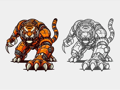 TIGER MECHA animal art fun illustration lineart logo mecha robot simple tiger tiger mecha tshirt design