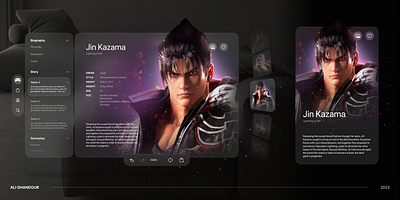 Vision Pro video game concept app app design black clean dark glass glassmorphism minimal mobile app purple tekken ui video game vision pro white