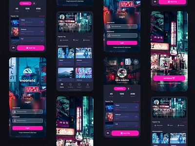 Travel App app art artwork dark mode design graphic design japan logo neon tokyo travel ui ui kit uiux urban user experience user interface ux design