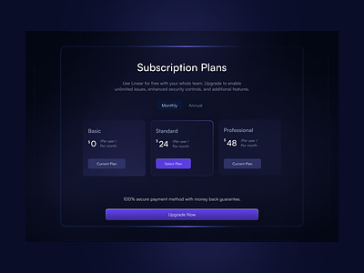 Subscription Plans Design account setting dark dark mode dark theme dark ui design dribbble interactive cards pricing card pricing table purple saas subscription plan ui uiux design web design