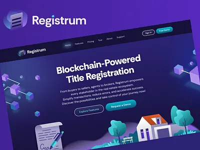 Registrum- Web3 real estate landing page blockckain crypto dark glow illustration landing landing page page purple real estate title web web 3 web design web3 webdesign