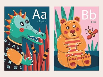 Alligator and Bear abc alligator animals bear book cards colorful fauna for children graphic design illustration language letters studying vector