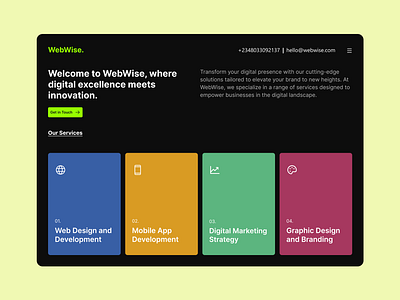 WebWise Landing Page darkmode digital agency figma green hero section landing page ui design uiux design user experience user interface ux design website