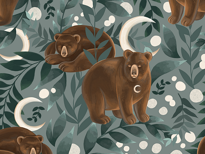Snowberry & Bear Surface Pattern Design allover apparel bear botanical design fabric design floral pattern green and brown hand drawn illustration illustration moon pattern design photoshop procreate seamless pattern snowberries stationery surface pattern design textile design wildlife
