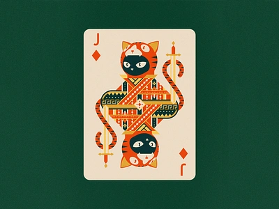 Bounty the Black Cat: Jack of Diamonds Playing Card Illustration animals black cat cat color colour cute design editorial folk geometric illustration intricate joyful jungle nature pattern playful playing card playing card art vector