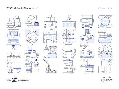 Free 24 Worldwide Trade Icons (AI, SVG, PNG) business design free free icon set free icons free vector icons freebie icon icon pack icon set icons photoshop psd template templates trade icons trading