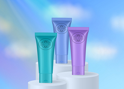 Set of multicolored cosmetic tubes on podiums blue bottle clouds cosmetic cream cruelty free display gel graphic design green organic packaging podium purple rainbow serum sky tube vector vegan