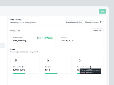Plan & Billing | 🤖 Your Chat ai artifical intelligence billing manage subscription minimal ui payments plan saas settings subscription usage web app