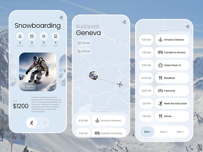 Travel App app application booking branding design development figma flight hero screen snowboarding tracking travel ui uxui