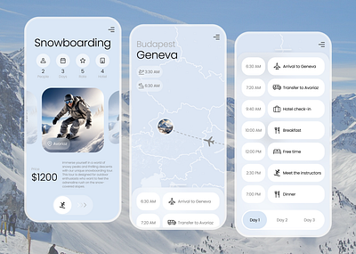 Travel App app application booking branding design development figma flight hero screen snowboarding tracking travel ui uxui